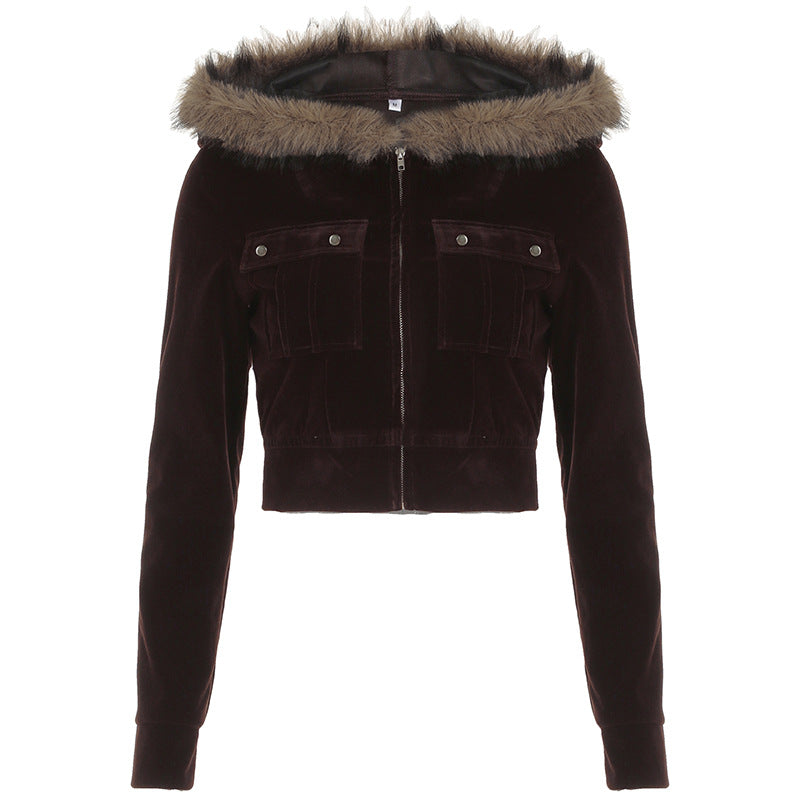 Women Fur Stitching Hooded Zip Cardigan Pocket Design Jacket Autumn Winter Solid Color Sexy Velvet Coat Brown