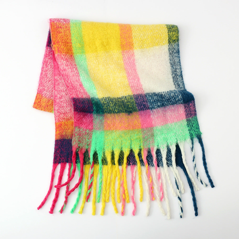 Scarf Women Autumn Winter Thickened Warm Circle Yarn Tassel Plaid Scarf Shawl