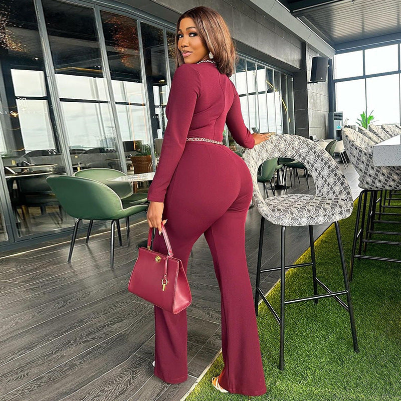 Women Clothing Spring Dignified Hollow Out Cutout Long Sleeve Slim High Waist Wide Leg Trousers Jumpsuit