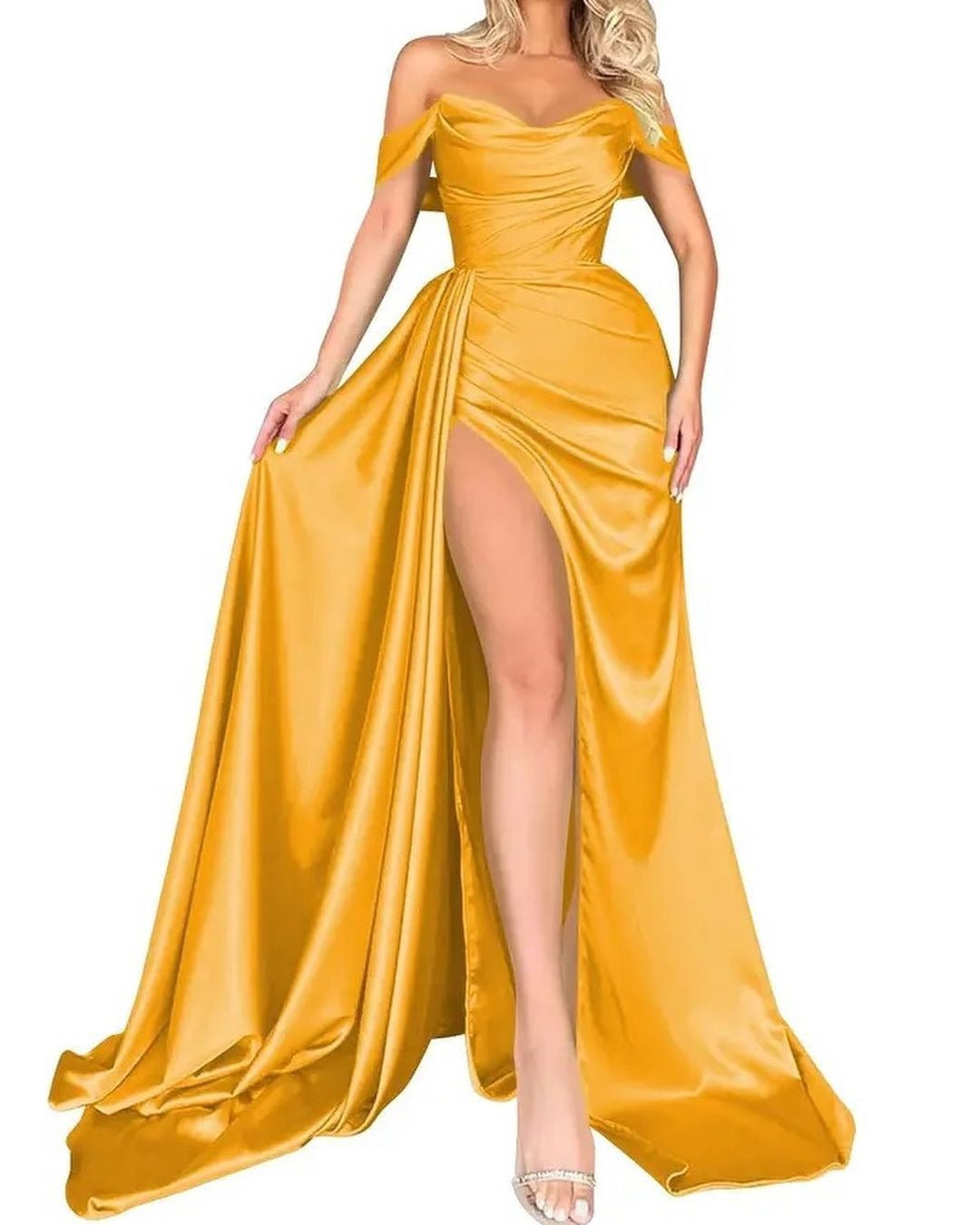 Cocktail High Slit Sexy Host Off Shoulder Slimming Party Evening Dress Yellow