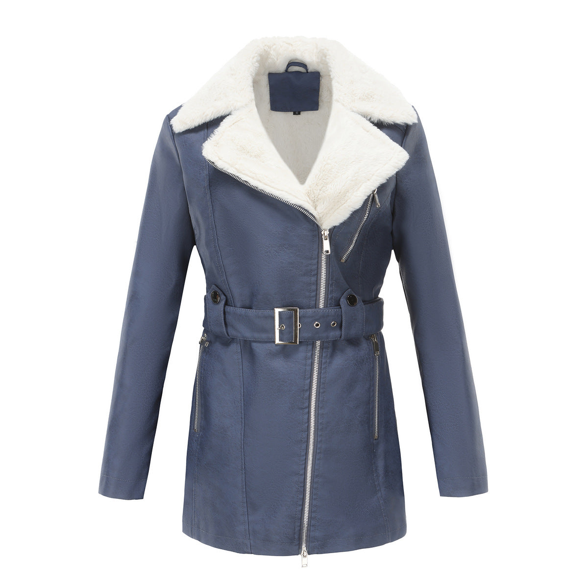 Autumn Winter Long Sleeved Fleece Leather Jacket Women Collared Double Headed Zipper With Belt Warm Coat Blue