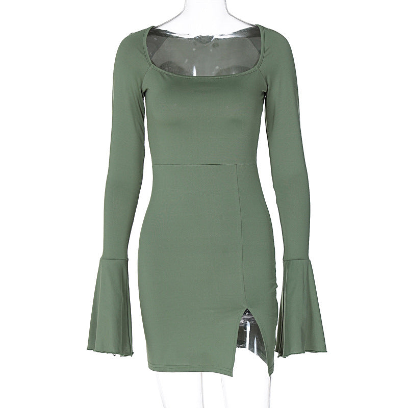 Winter Women Clothing Solid Color Flared Long Sleeve Split Short Dress Sexy Sheath Dress Green