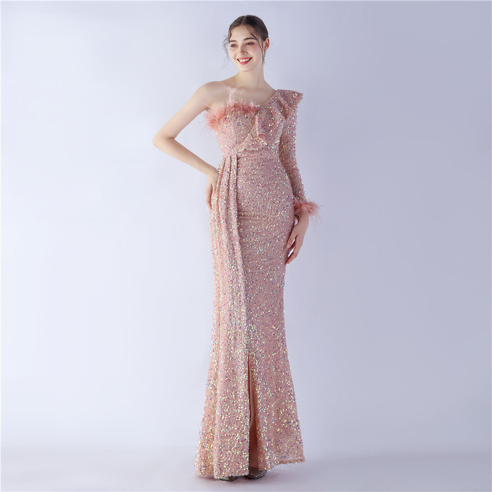 Craft Ostrich Feather Ruffled Side Slit High End Sequined Evening Dress Pink