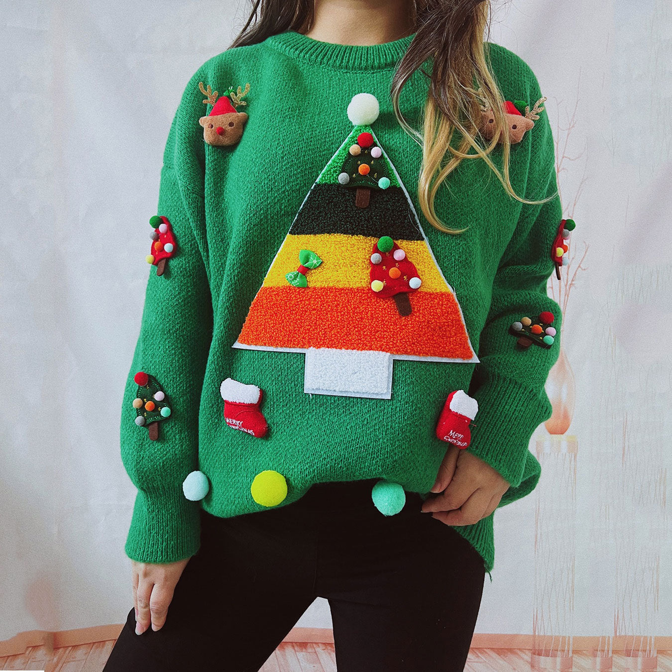 Christmas Sweater Women Autumn Winter Long Sleeve Idle round Neck Pullover Sweater Green