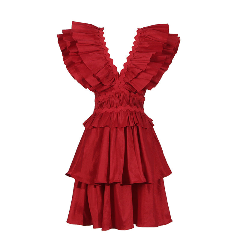 Sexy Dress Women Autumn Winter V neck Ruffled Flying Sleeves Vacation Tiered Dress Red