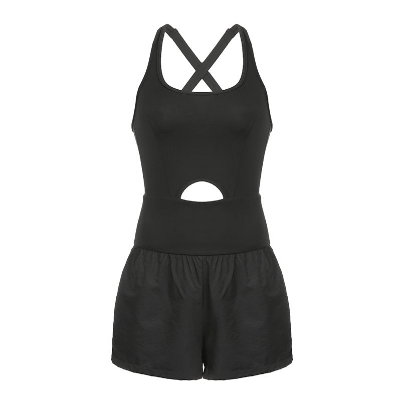 Sports Women Shorts Hollow Out Cutout Cross Back Loose Comfortable Workout Clothes Vest Jumpsuit Black