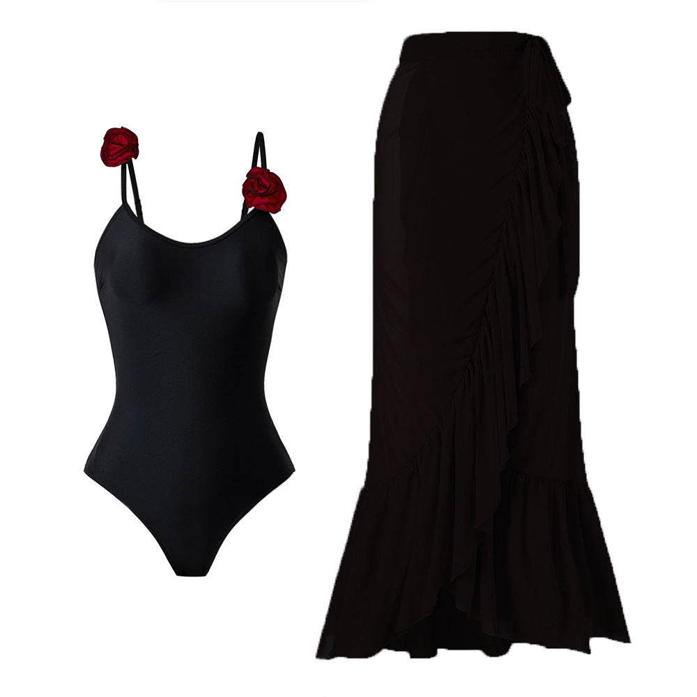 One Piece Swimsuit Women Solid Color Sexy Two Piece Set Swimsuit Tulle Skirt Black Set