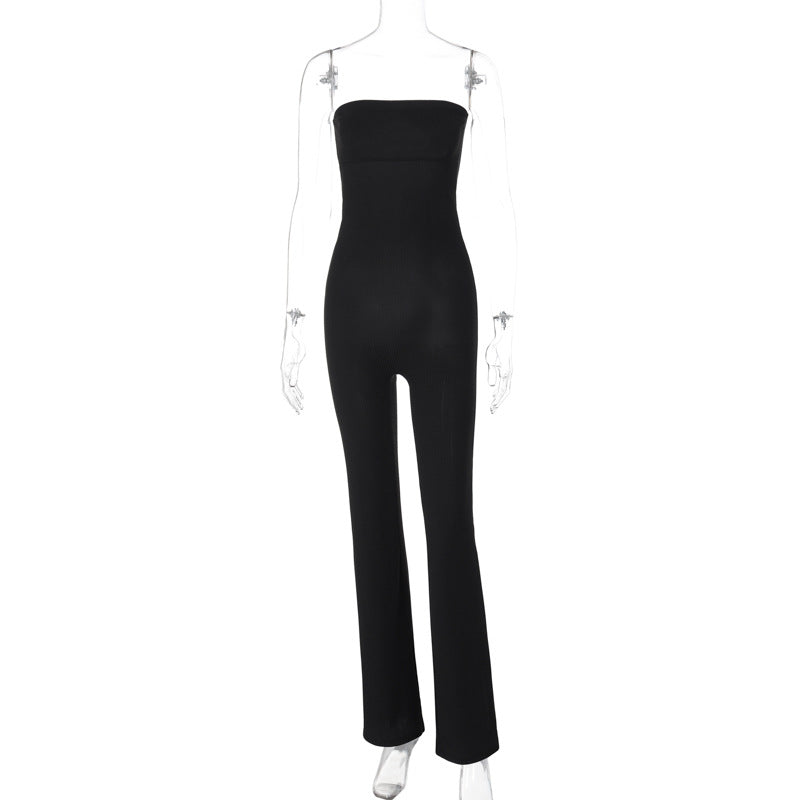 Women Clothing Spring Summer Slim Solid Color Tube Top Jumpsuit Black