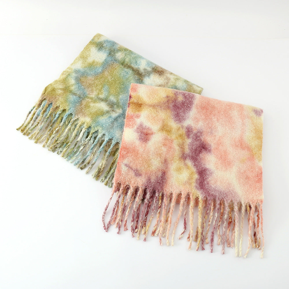 Scarf Women Woven Circle Yarn Mohair Spray Dyed Printing Gradient Color Lengthen Thicken Scarf