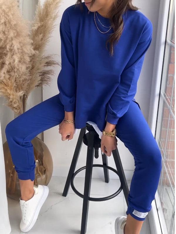 Autumn Stitching False Two Piece Sweaters Sweat Pants Sets Blue