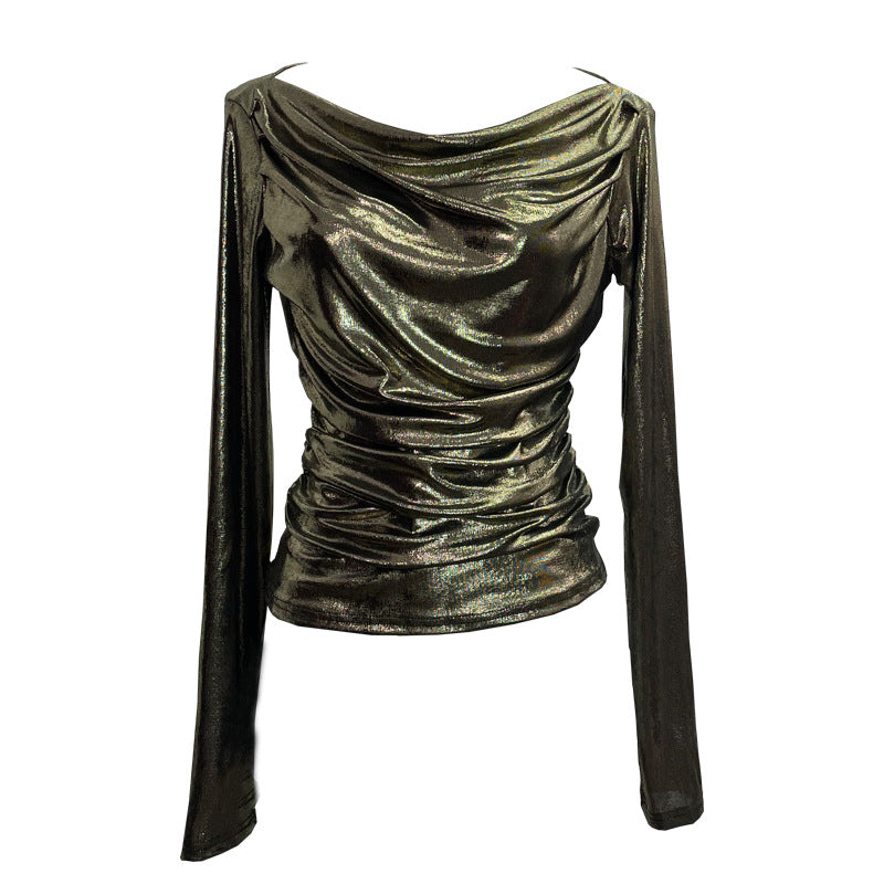 Real Shot Overlapping Collar Long Sleeve Pile Pleated off Shoulder T shirt Metallic Glossy Bottoming Shirt Top