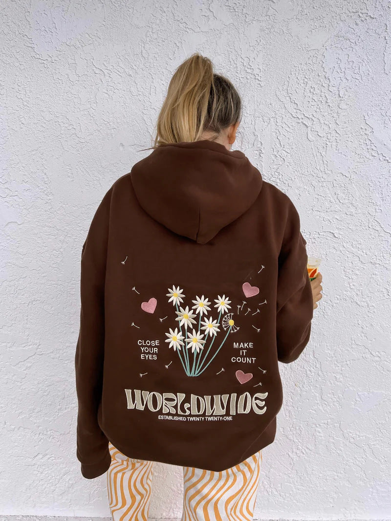 Fall Women Printed Solid Color Hooded Women Sweater Brown