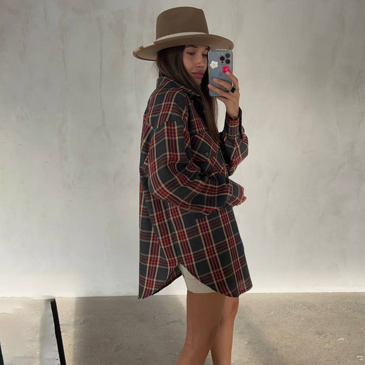 Women Clothing Autumn Retro Plaid Shirt Boyfriend Mid Length Loose Shacket