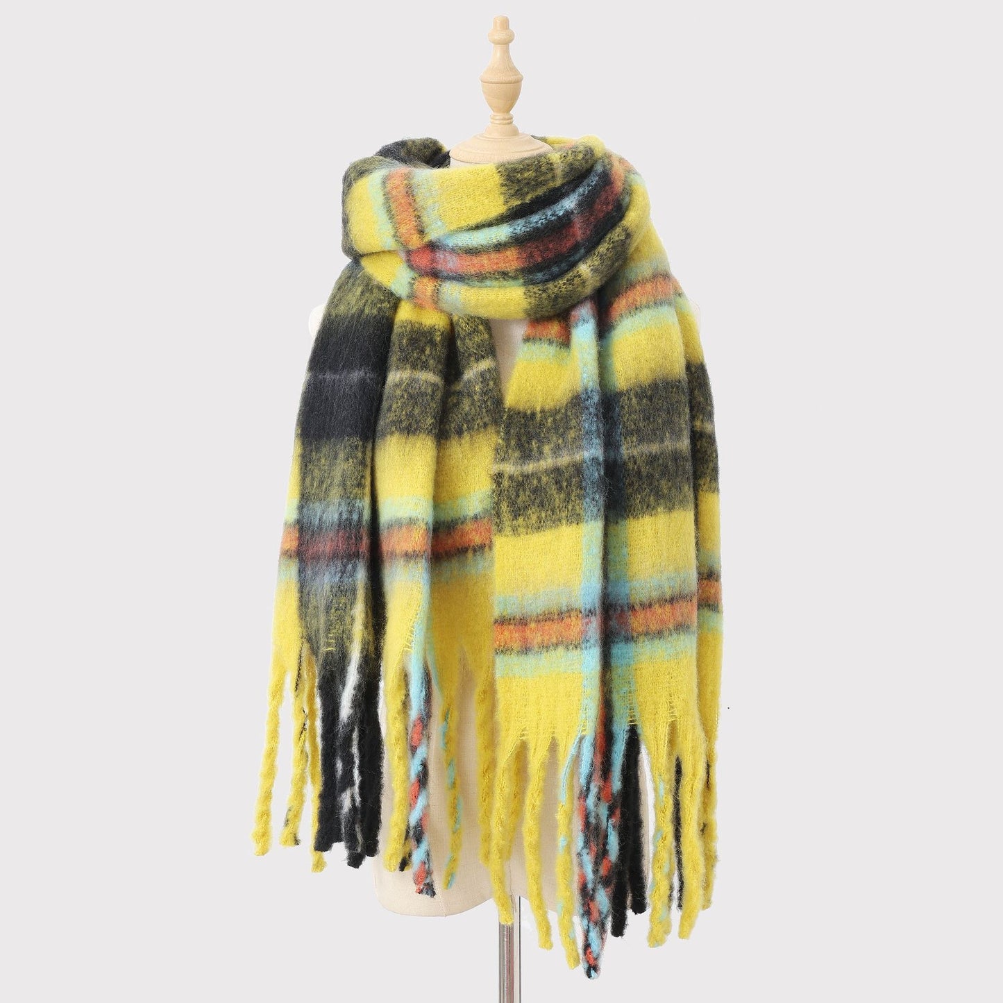 Winter Warm Mohair Plaid Tassel Scarf Women Designer Model High Grade Soft Atmosphere Scarf One Size Multi6