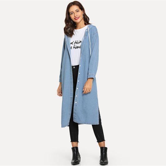 Plus Size Denim Jacket Women Autumn Winter Hooded Drawstring Mid Length Denim Coat Trench Coat