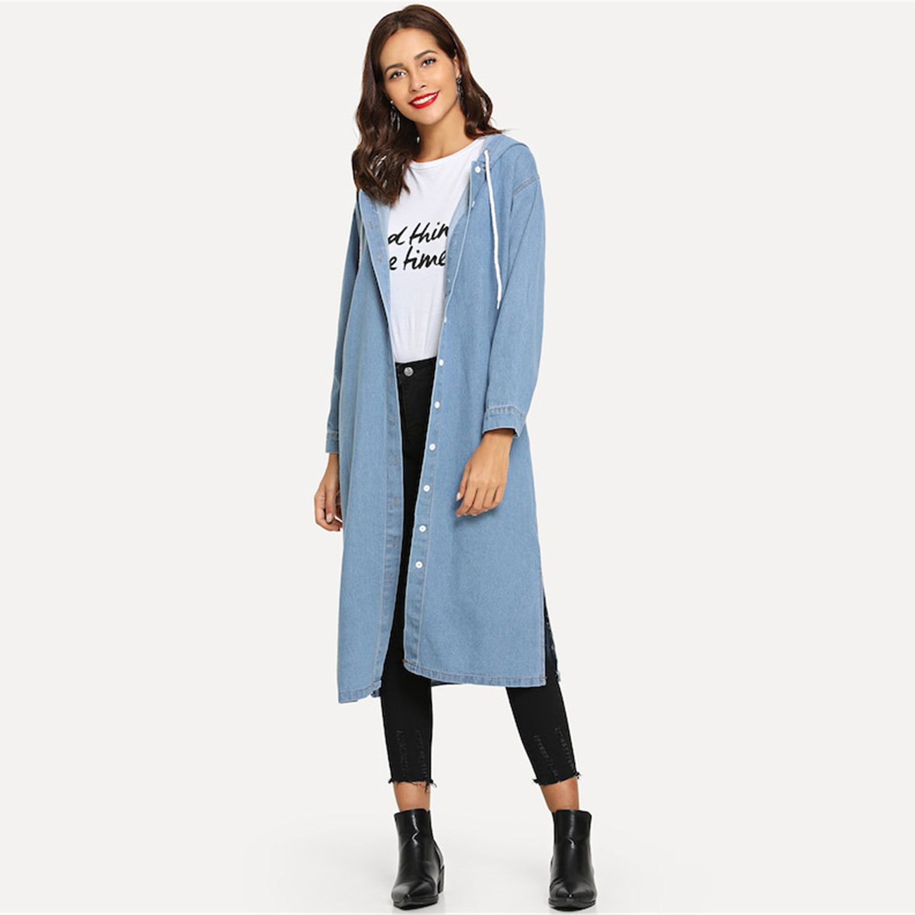 Plus Size Denim Jacket Women Autumn Winter Hooded Drawstring Mid Length Denim Coat Trench Coat Light Blue