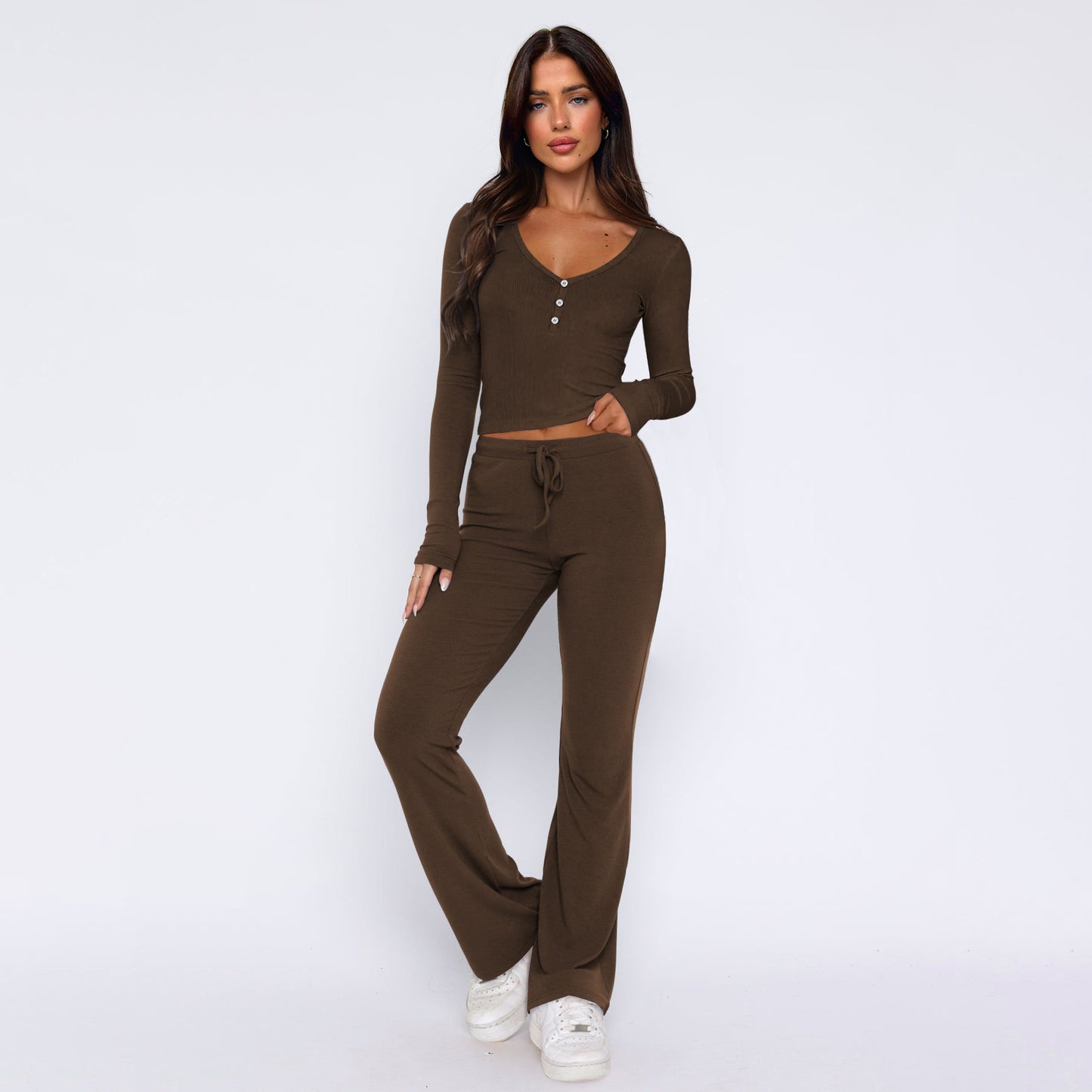 Sweet Spicy Long Sleeved Shirt Casual Pants Two Piece Set Set Women Coffee