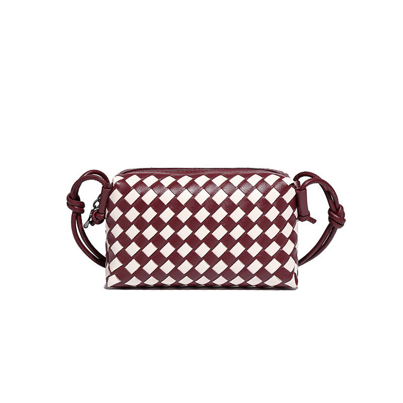 Hand Woven Bag Simple Trendy One Shoulder Crossbody Women Bag Black White Chessboard Plaid Small Square Bag One Size Wine Red Beige White