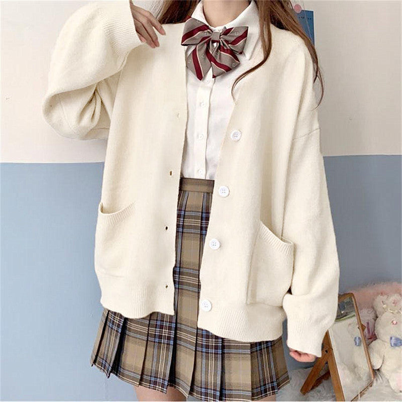 Sweater Cardigan Long Sleeve Women Coat College Sweet for Schools Autumn Winter Sweater Women One Size White