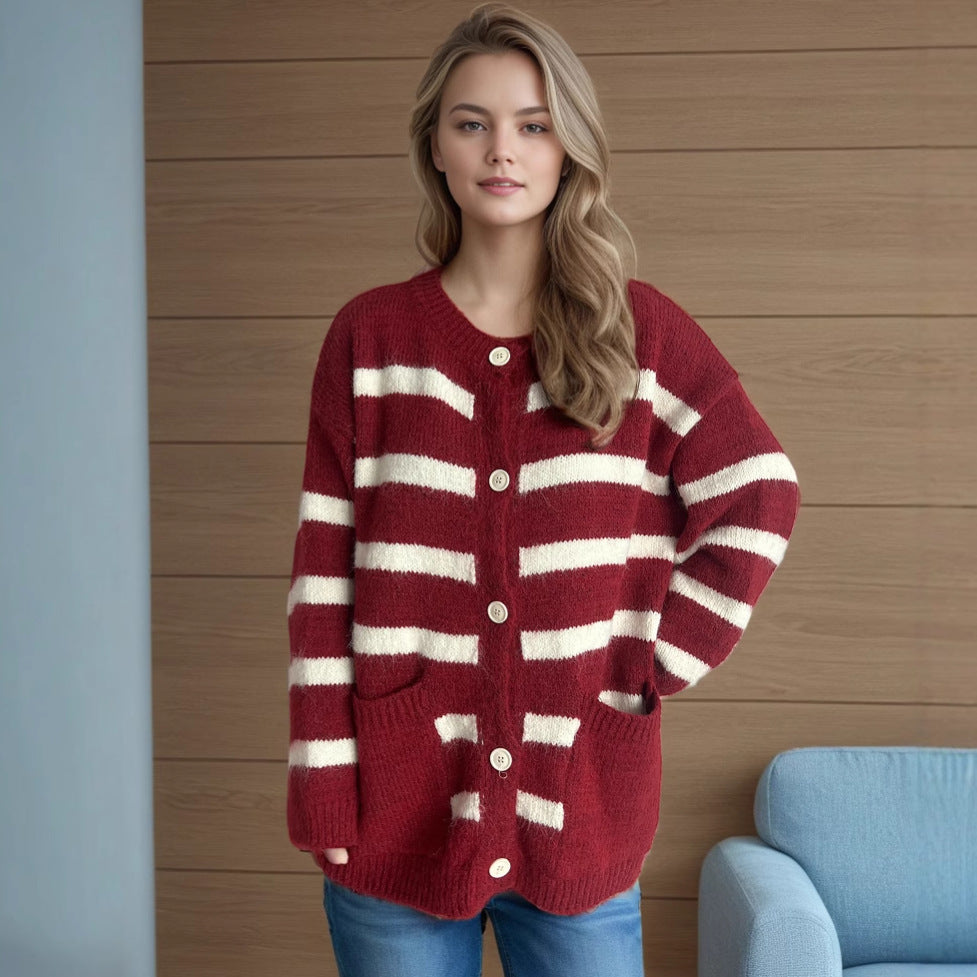 Autumn Winter Loose Women Sweater round Neck Contrast Color Stripe Thickening Thermal Knitting Cardigan Red