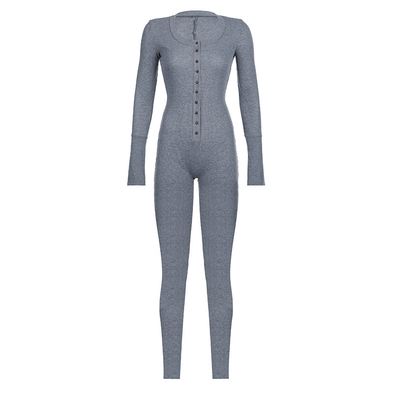 Sports Women Clothing Girls Street Solid Color Breasted Waist-Controlled Long Sleeves Knitted Short Romper Jumpsuit Gray2