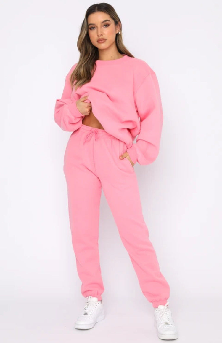 Autumn Winter Solid Color round Neck Pullover Women Casual Long Sleeve Sweater Suit Pink