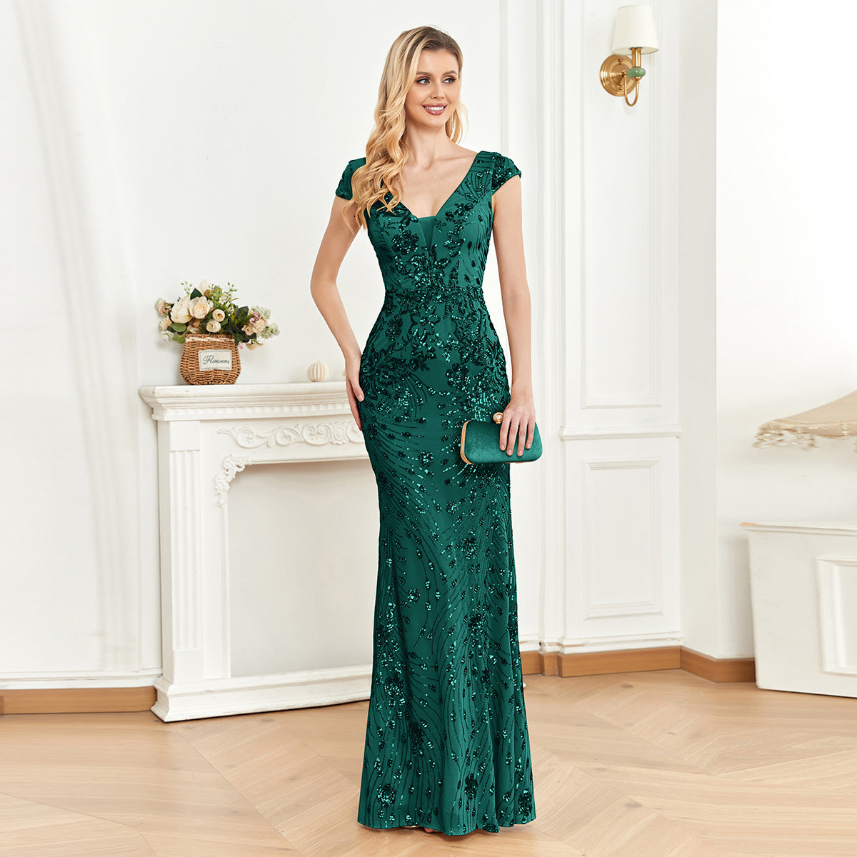 Sequined Champagne Evening Dress Women Cocktail Sexy Slim Fit Fishtail Long Toast Dress blackish green