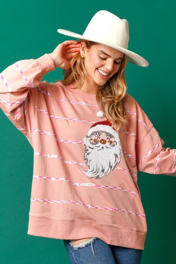 Autumn Winter Christmas Santa Claus Sequined Casual Top Striped Long Sleeved Sweater for Women Peach