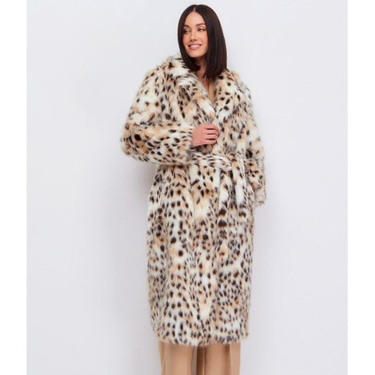 Women Leopard Print Faux Fur Coat Fox Fur Long Cut Coat Toka Wool Collar Belt Mink Velvet Trench Coat