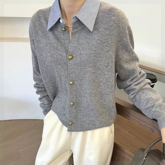 Spring Faux Two Piece Knitted Cardigan Sweater for Women Office Korean Shirt Collar Single Breasted Cardigan for Women