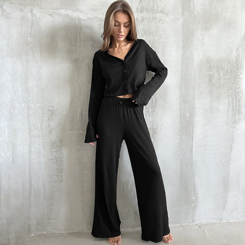 Fall Winter Long Sleeve Pants Comfortable Loose Home Wear Simple Casual Knitted Pajamas for Women Black