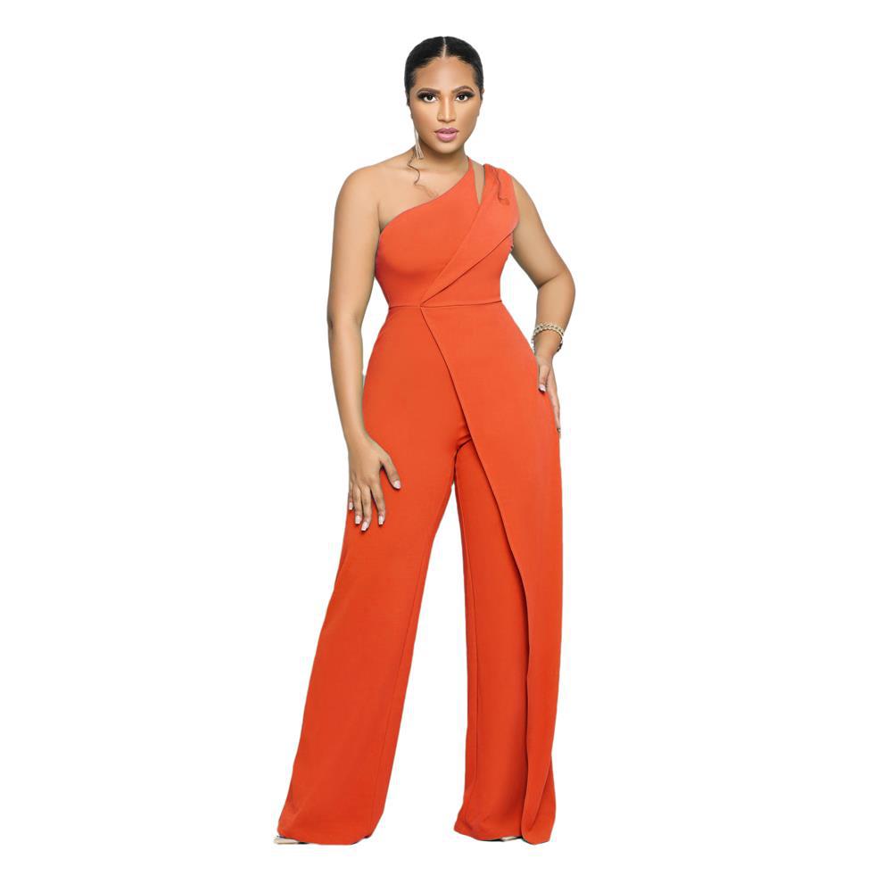 Sexy Sleeveless Single Shoulder Suspender High Waist Office Straight Jumpsuit Orange