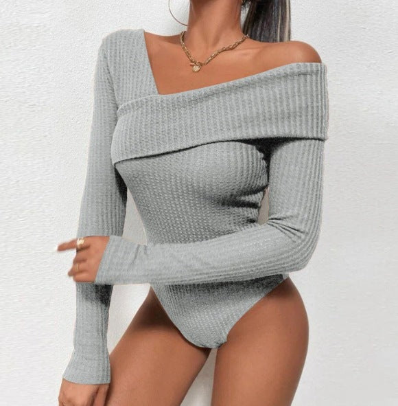 Casual One Piece Long Sleeves Solid Color Knitted off Shoulder Jumpsuit Spring Summer Women Clothing Gray