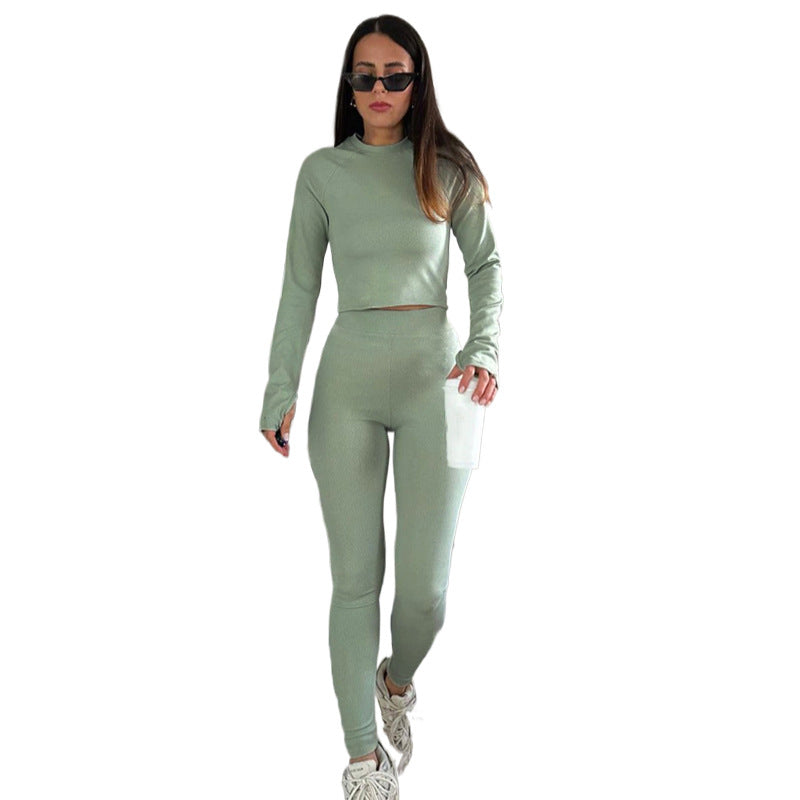 Spring Autumn Solid Color High Elastic Thread Round Neck Long Sleeve Women Skinny Tappered Pants Suit Light Green