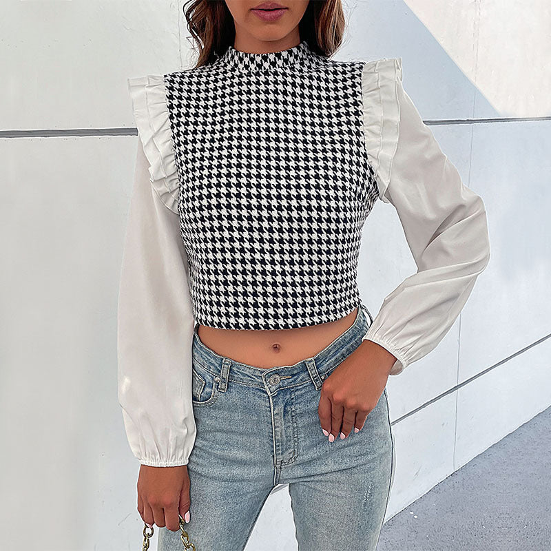 Spring Autumn Women Clothing Mid Collar Houndstooth Short Shirt for Women Black and white