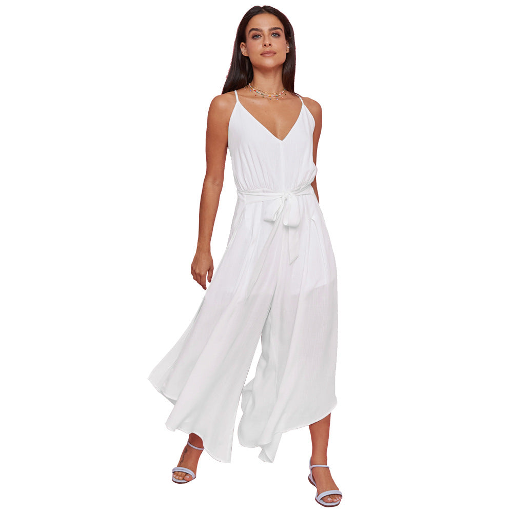 Chiffon V neck Waist Controlled Casual Lace up Irregular Asymmetric Jumpsuit White