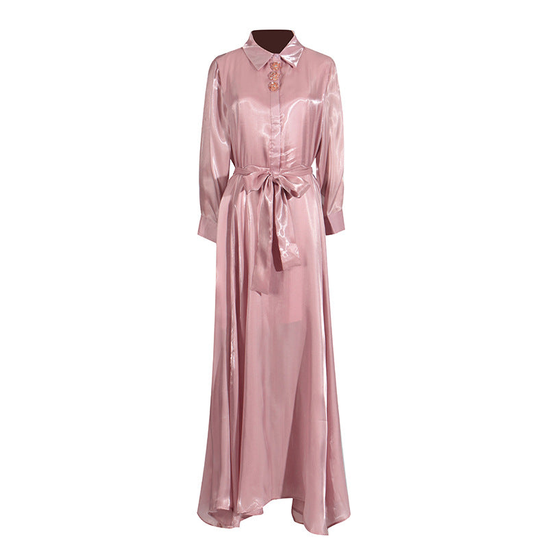 Graceful Fashionable Casual Dress Autumn Winter Polo Collar Gilding Glossy Waist Tight Maxi Dress Women Pink