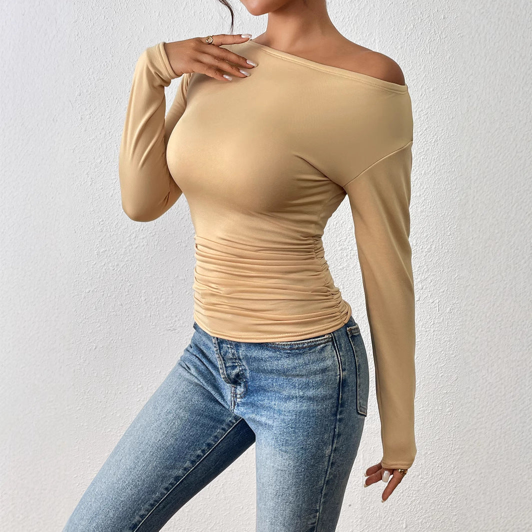 Autumn Winter Long-Sleeved Waist Tight Slimming Shoulder Hollow Out Cutout Top off Shoulder Undershirt