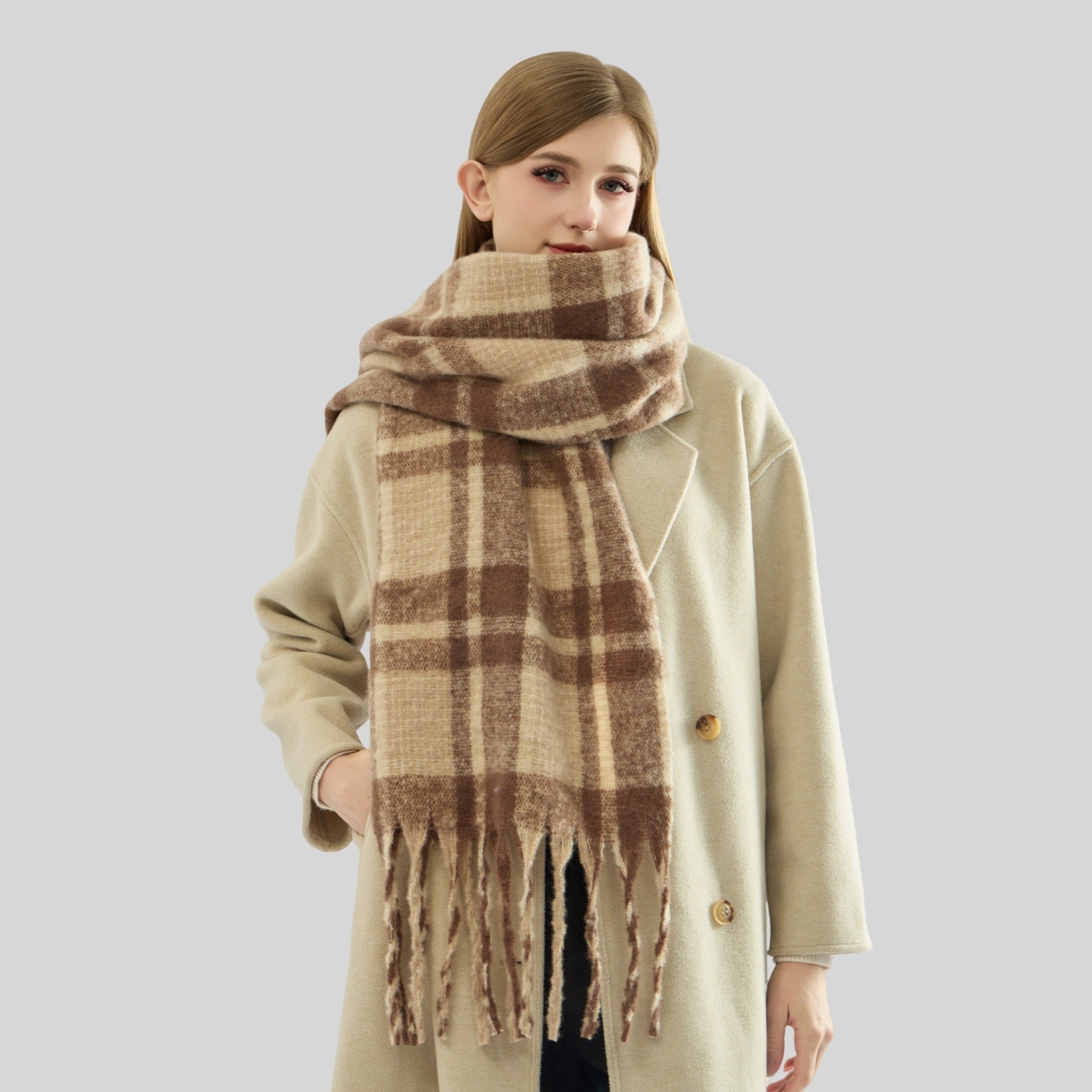 Autumn Winter Mohair Plaid Scarf for Women Thickened High Grade Cashmere like Scarf Warm Scarf