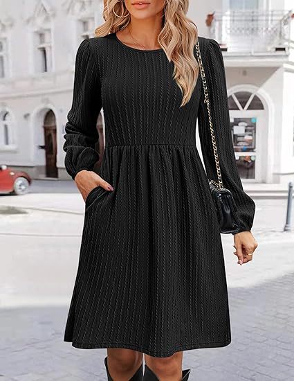 Women Clothing Round Neck Pocket Knitted Sweater Long Sleeve A Line Dress Black