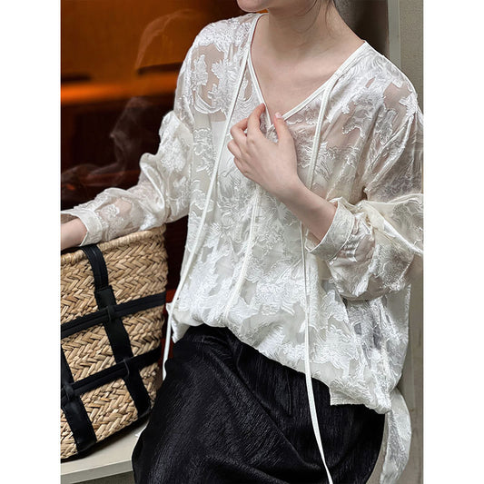 Chinese Acetate Jacquard Long Sleeved Sun Protection Shirt Women Summer V neck Lazy Old Money Light Top