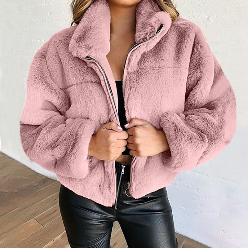 Women Clothing Autumn Winter Zipper Cardigan Plush Warm Coat Pink