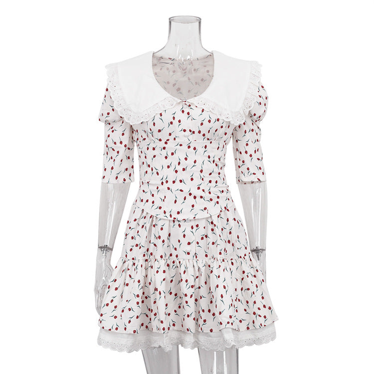 Summer Peter Pan Collar Short Sleeve Floral Dress Graceful Fashionable Tight Waist Petti dress Ivory