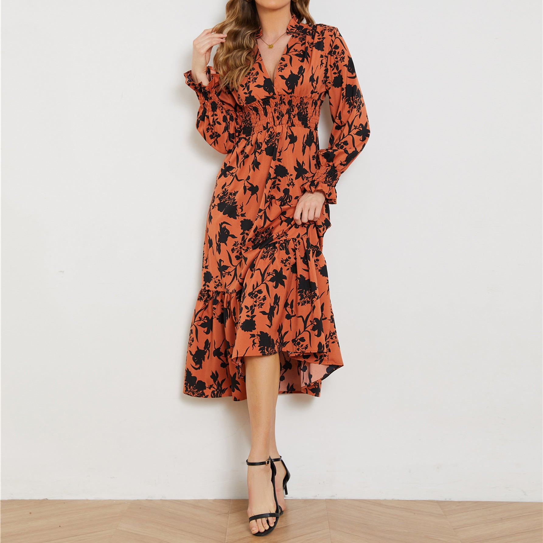 Dress Floral Print Ruffled Hem V Neck High Waist Dress