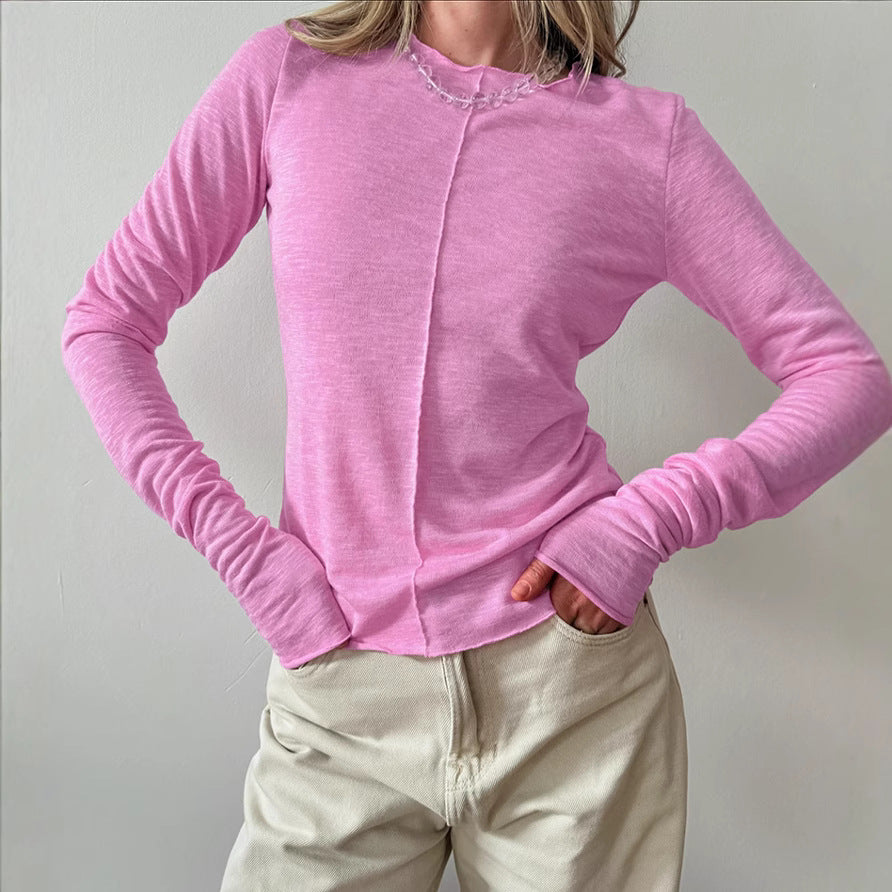 Inner Wear Solid Color round Neck Pullover Long Sleeve T shirt Women Top Pink