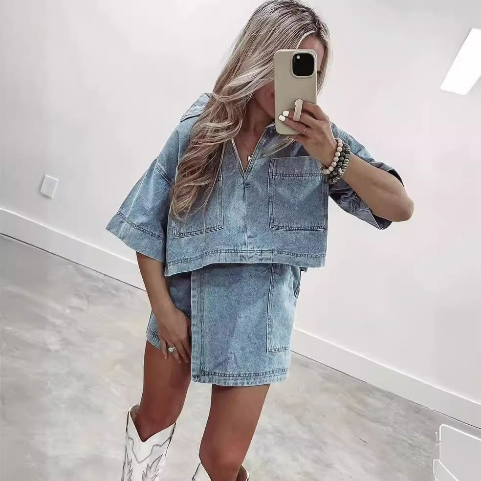 Comfort Casual Denim Women Summer Loose Slimming Polo Short Sleeve Shirt Irregular Asymmetric Pantskirt Two Piece Set