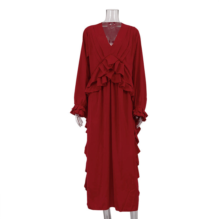 Women Clothing French Design Ruffled Long Sleeve Dress Red V neck Casual Dress