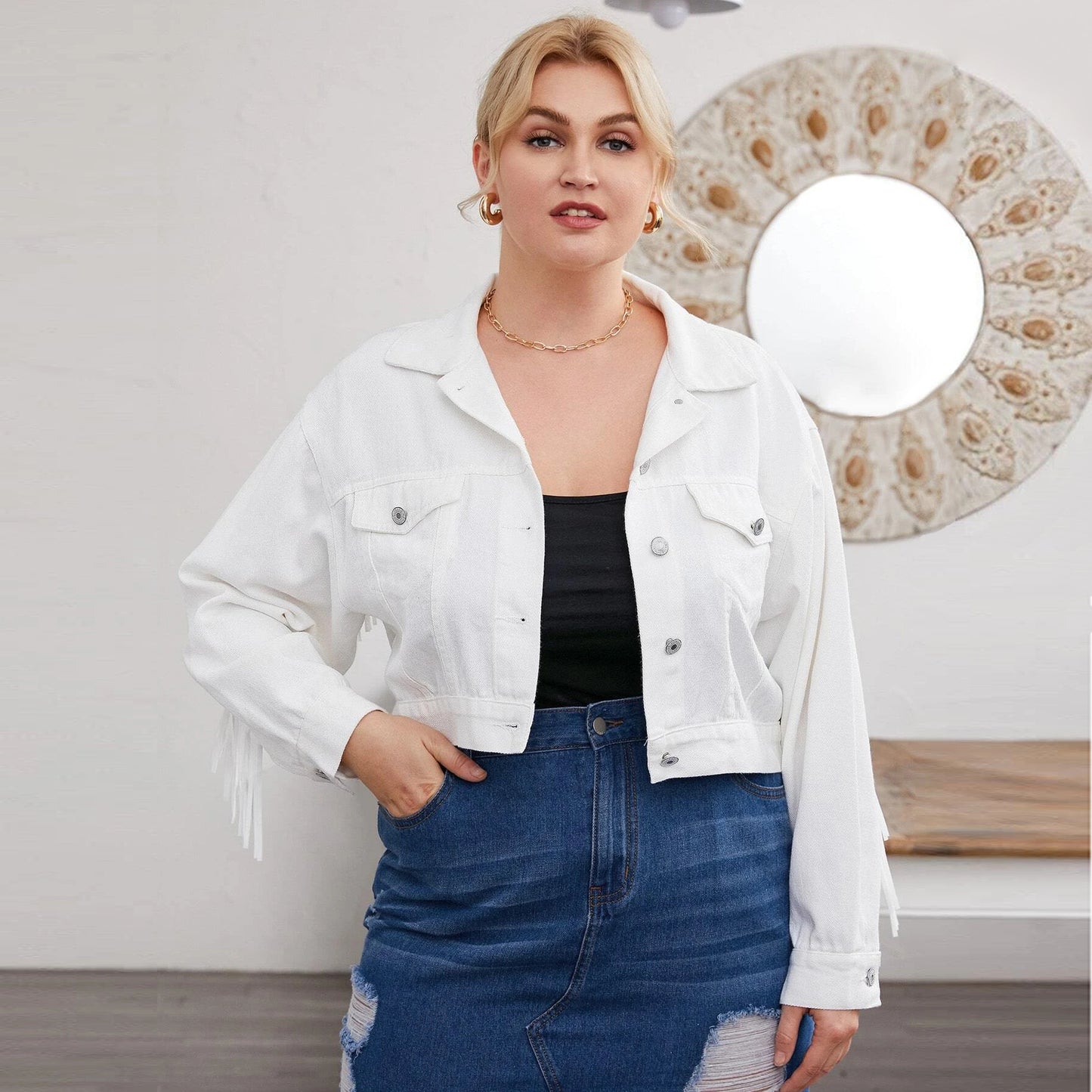 Plus Size Denim Jacket Tassel Short Stitching Jacket Casual Women Clothing White