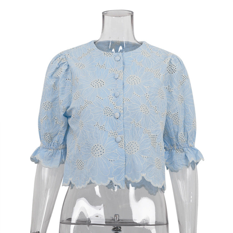 Women Embroidery Short Shirt Flared Sleeves Cropped Exposed Shirt Top Blue