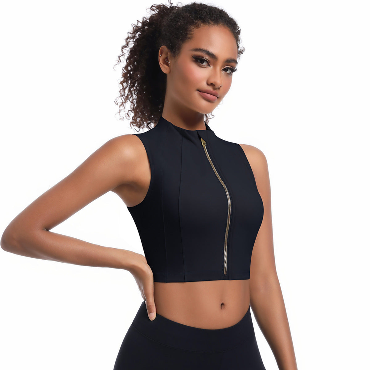 Sleeveless Zipper Cardigan Yoga Jacket Casual High Strength Push up Slimming Sports Vest for Women Black